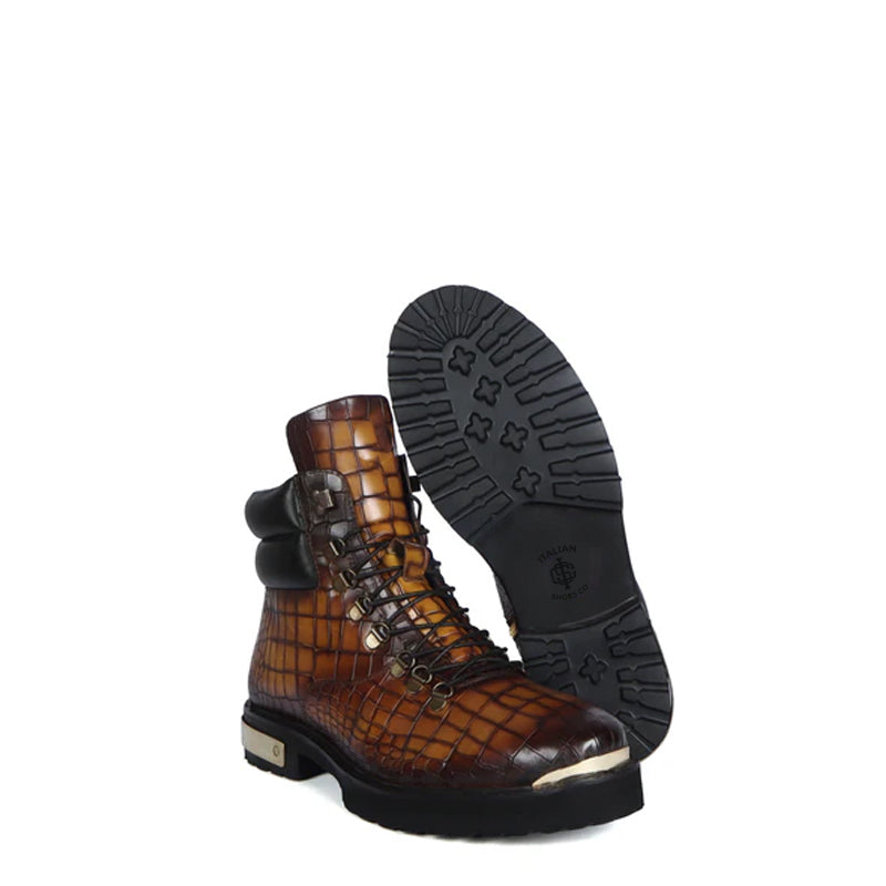 Croco Deep Cut Leather Lace-UP Ankle Boot Burgundy