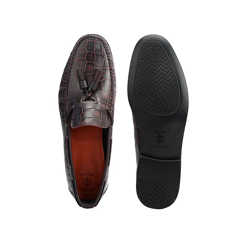 Crocodile Pattern Side Lacing Leather Tassel Loafer Burgundy
