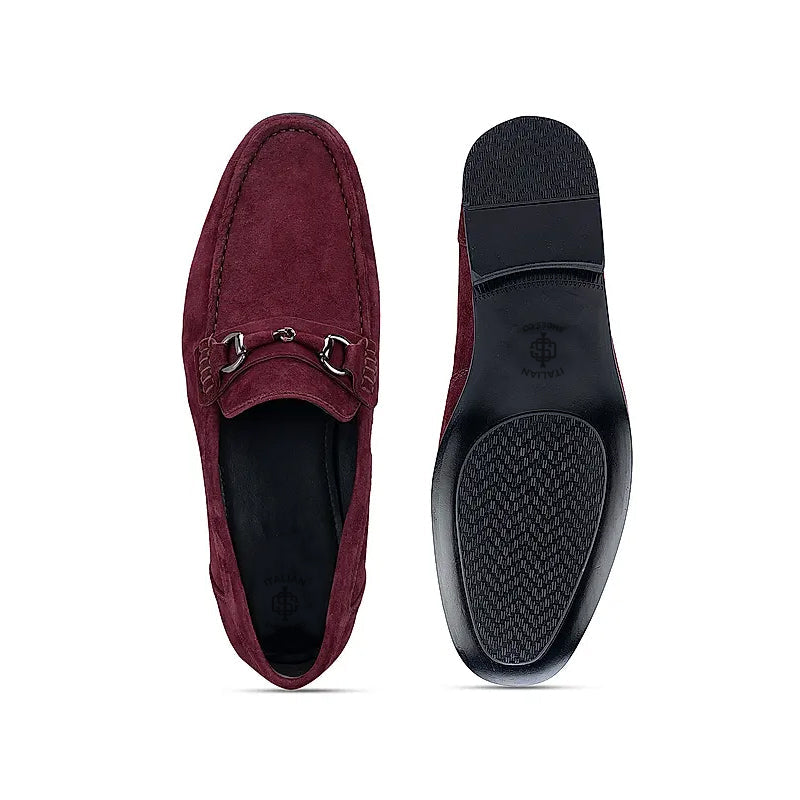 Suede Leather Formal Horsebit Buckled Loafer Burgundy
