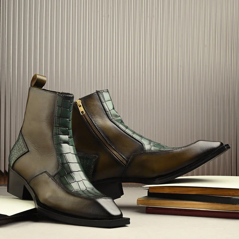 Luxury Croco Textured Leather Side-Zipper Boot Green and