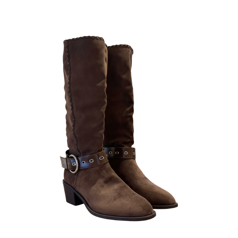 Rustic Suede Saddle Strap Knee High Boots