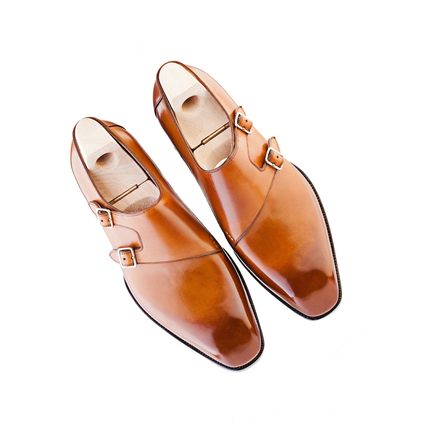 Classic Shiny Leather Double Monk Strap Tan Shoe