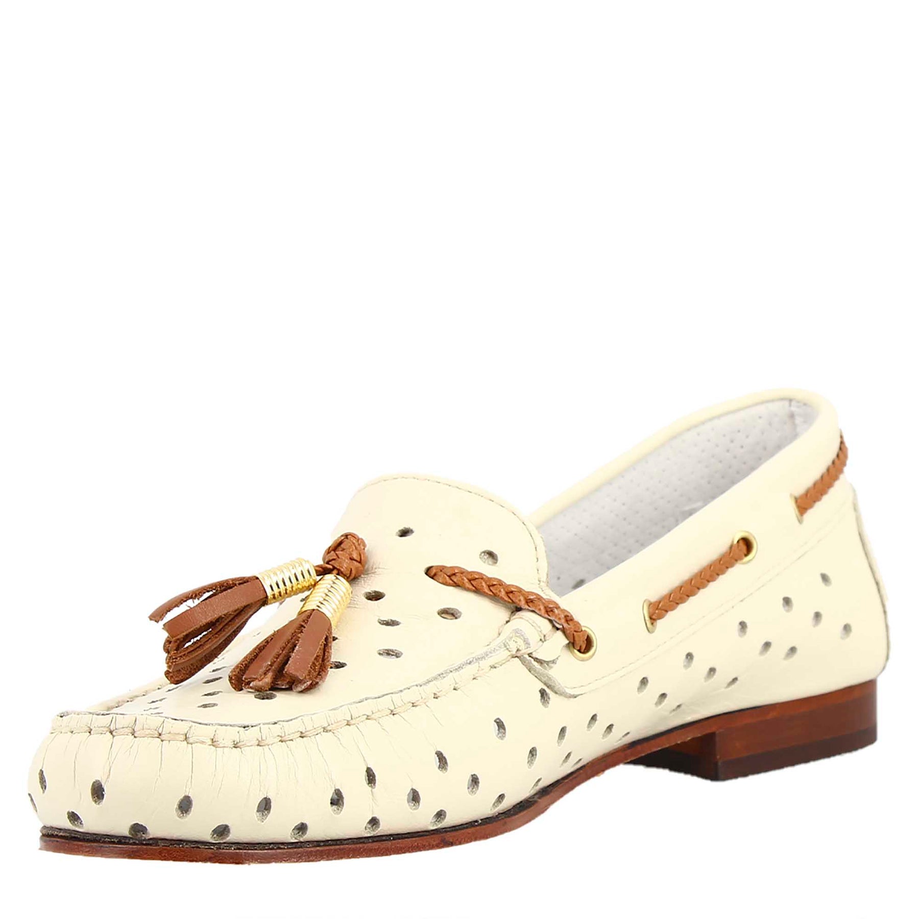 Women's Loafers Cream White Perforated Leather
