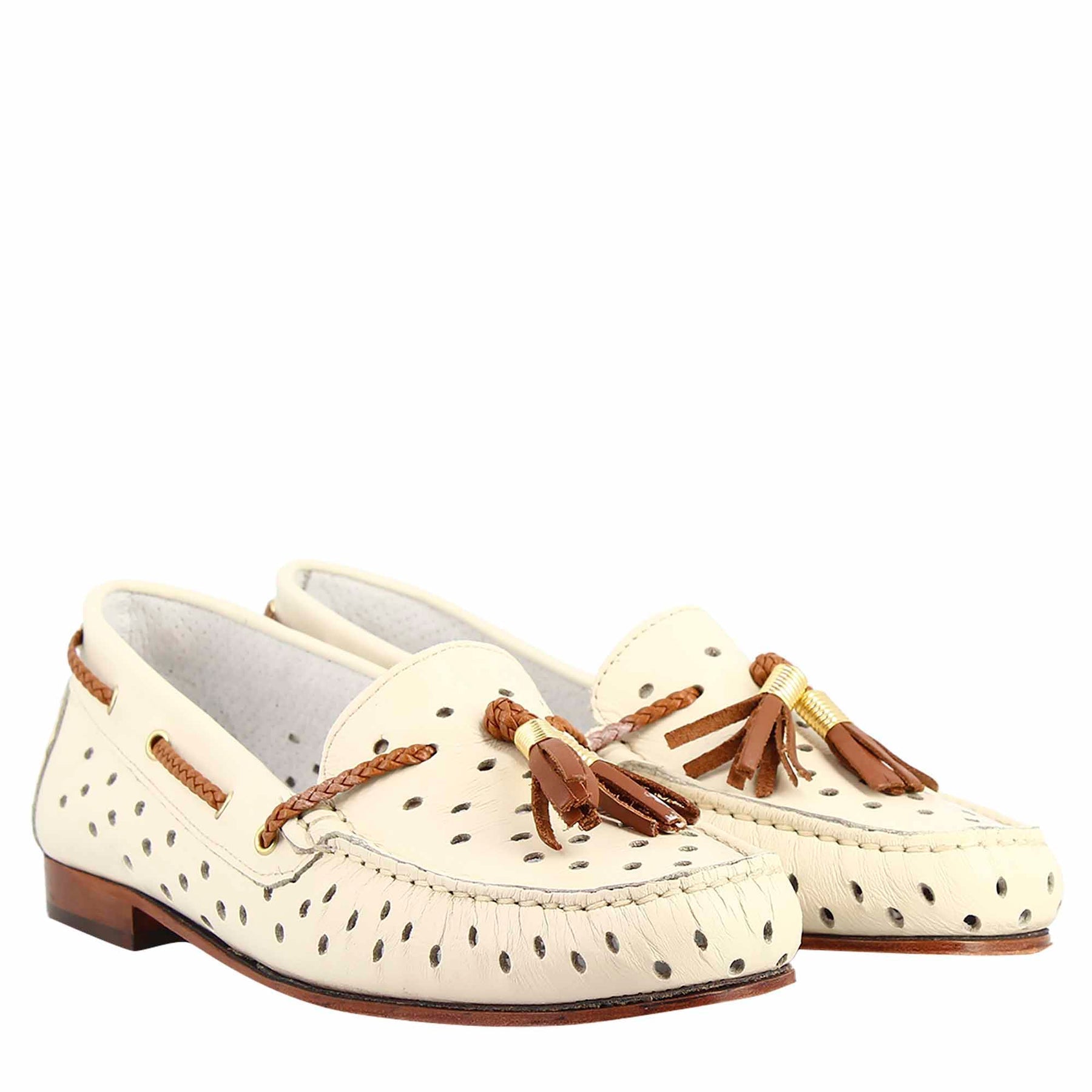 Women's Loafers Cream White Perforated Leather