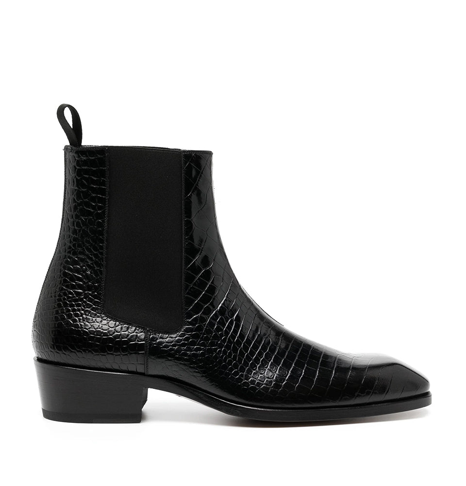 Croco Textured Leather Black Men's Boots