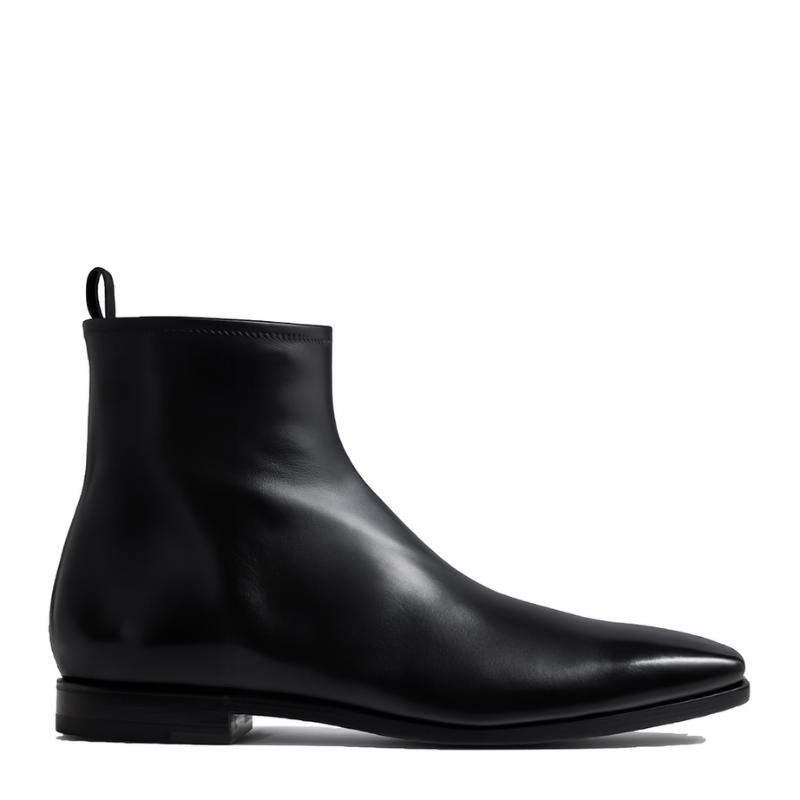 Luxury Leather Polished Square toe Boot With Side zip Detailing