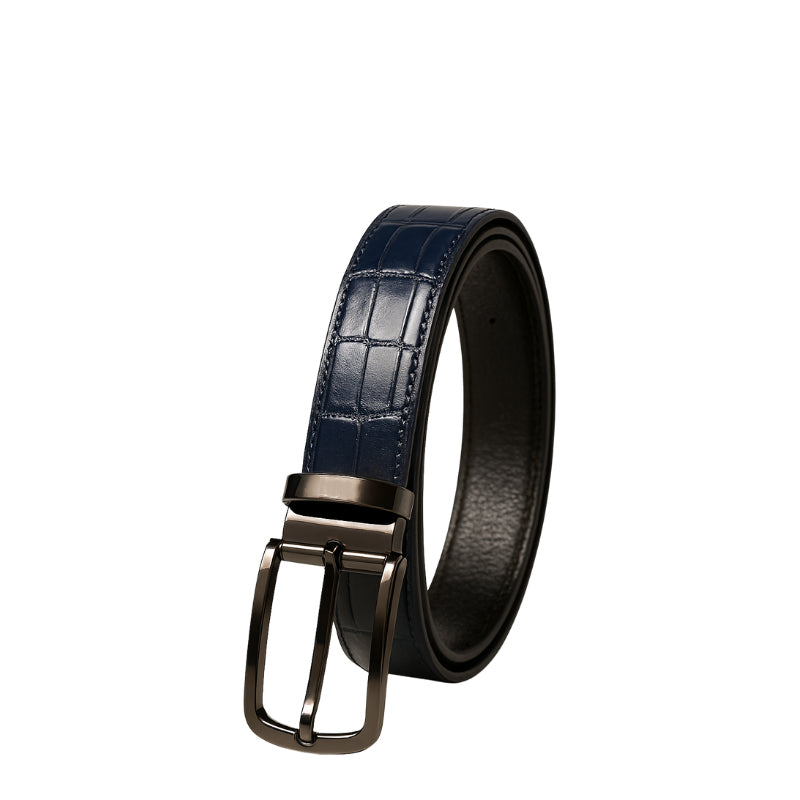 Croco Textured Leather Blue Strap Belt with Steel Grey Reversible Buckle Closure