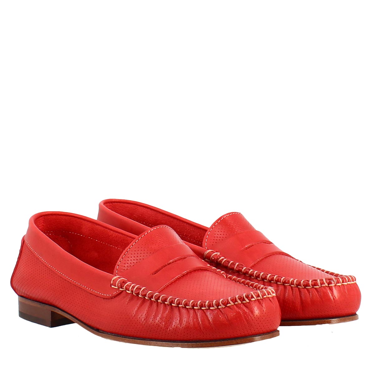 Red Perforated Women's Loafers