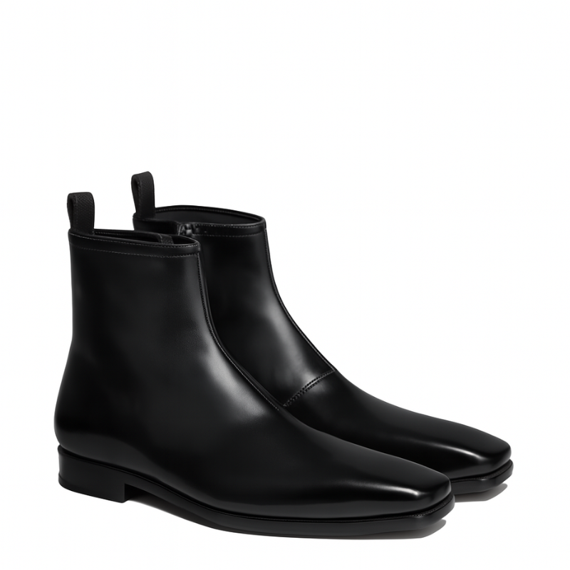 Luxury Leather Polished Square toe Boot With Side zip Detailing