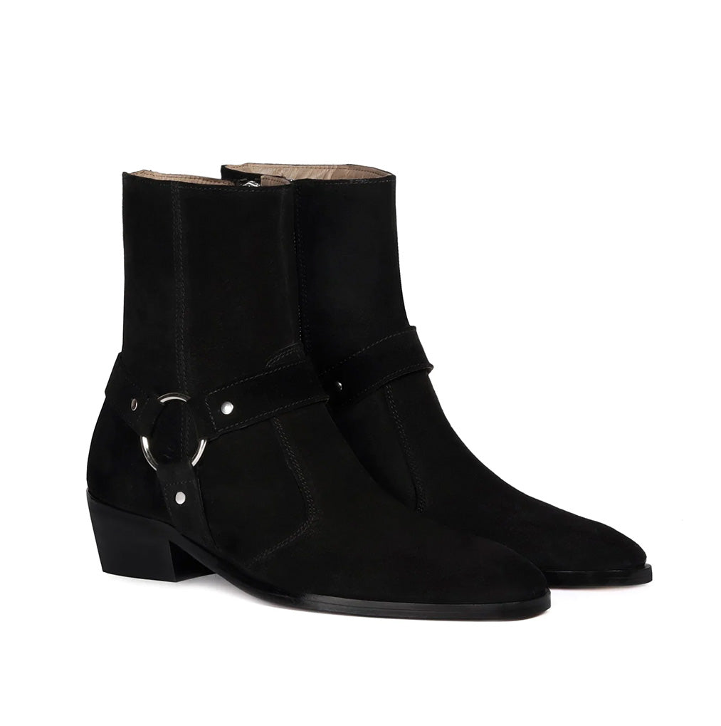 BUCKLE STRAP BLACK SUEDE LEATHER BOOTS