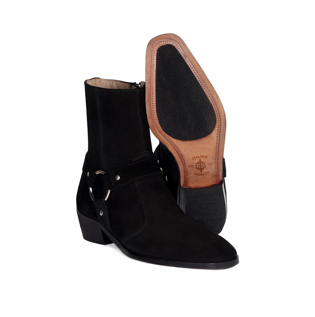 BUCKLE STRAP BLACK SUEDE LEATHER BOOTS