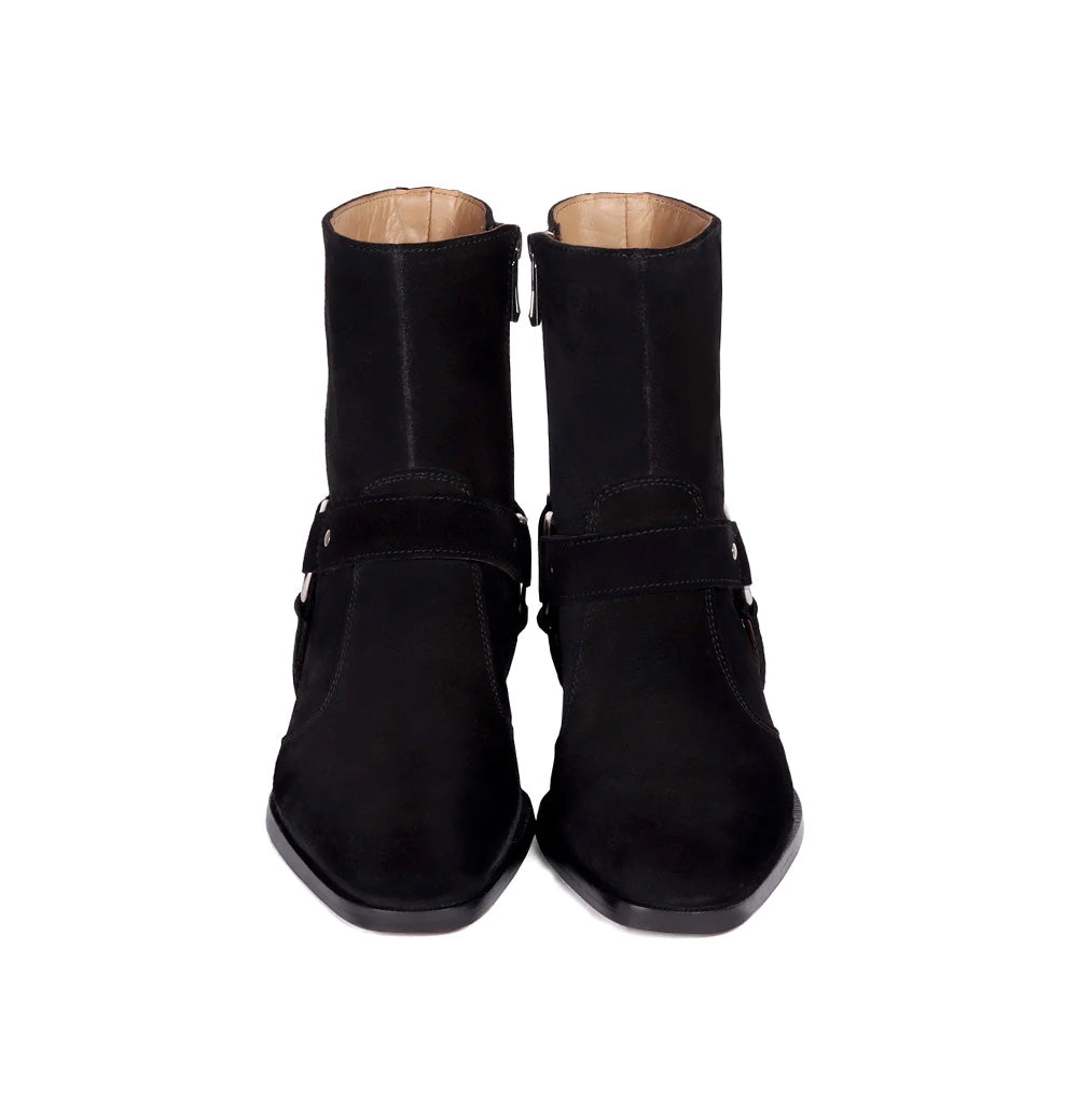 BUCKLE STRAP BLACK SUEDE LEATHER BOOTS