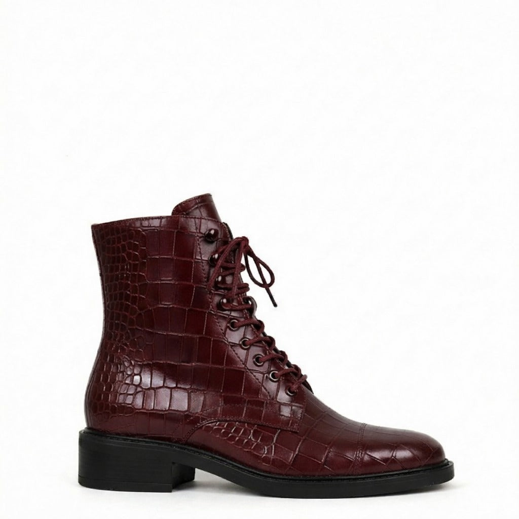 Croco Leather Lace-Up High Ankle Boot