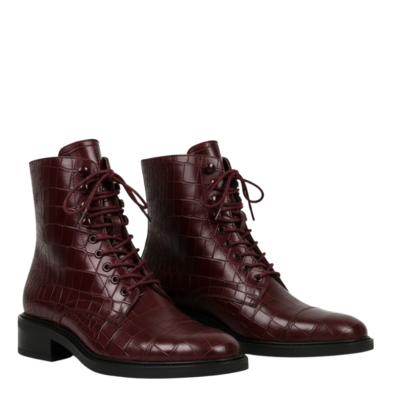 Croco Leather Lace-Up High Ankle Boot