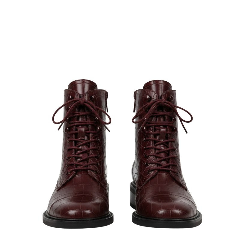Croco Leather Lace-Up High Ankle Boot
