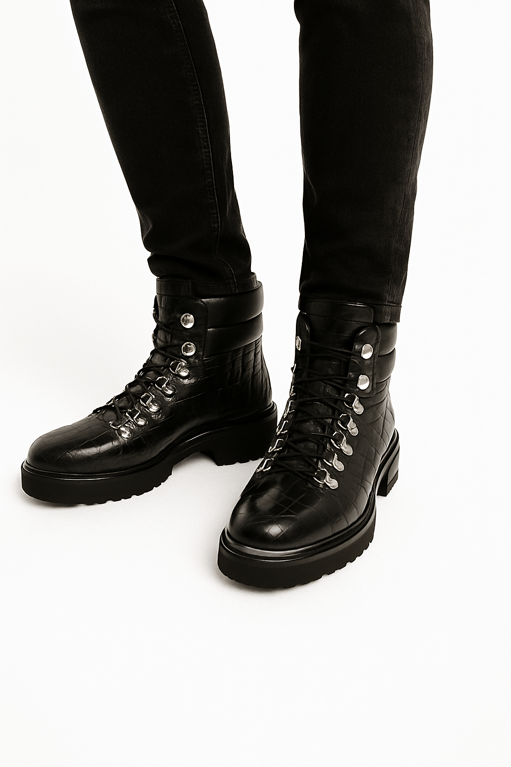 Croco Deep Cut Leather Lace-UP Ankle Boot