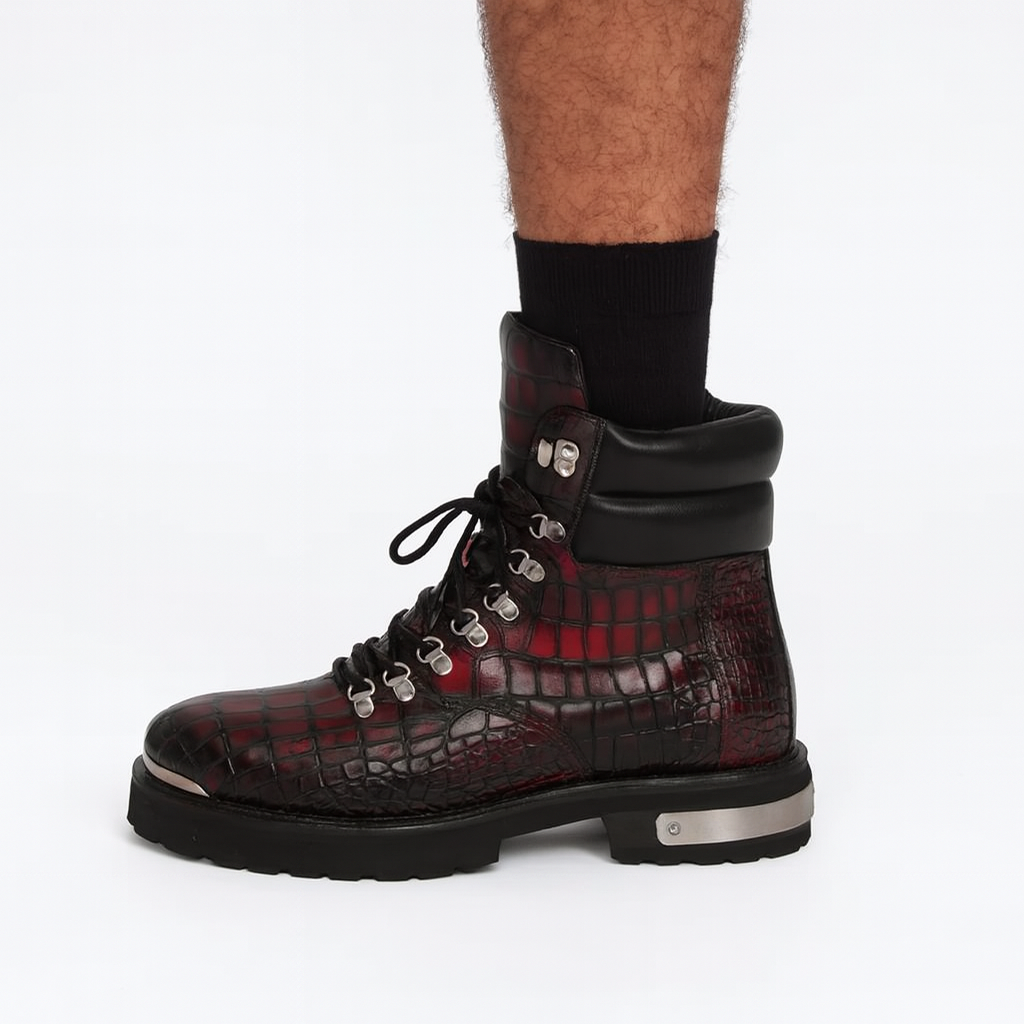 Croco Deep Cut Leather Lace-UP Ankle Boot