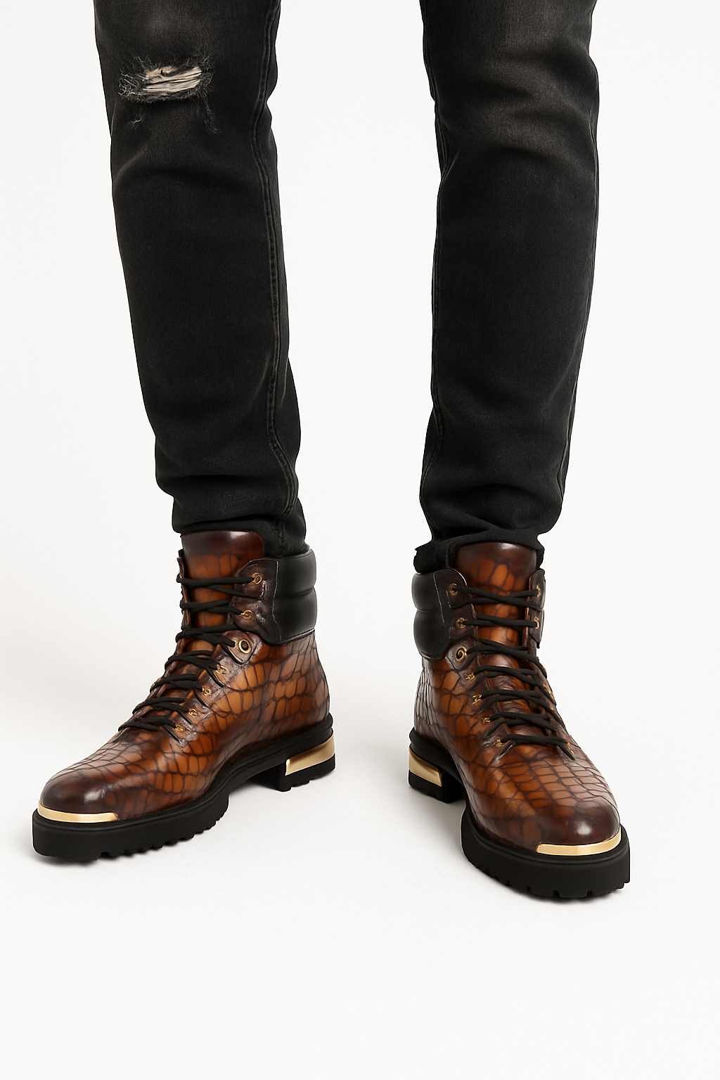 Croco Deep Cut Leather Lace-UP Ankle Boot