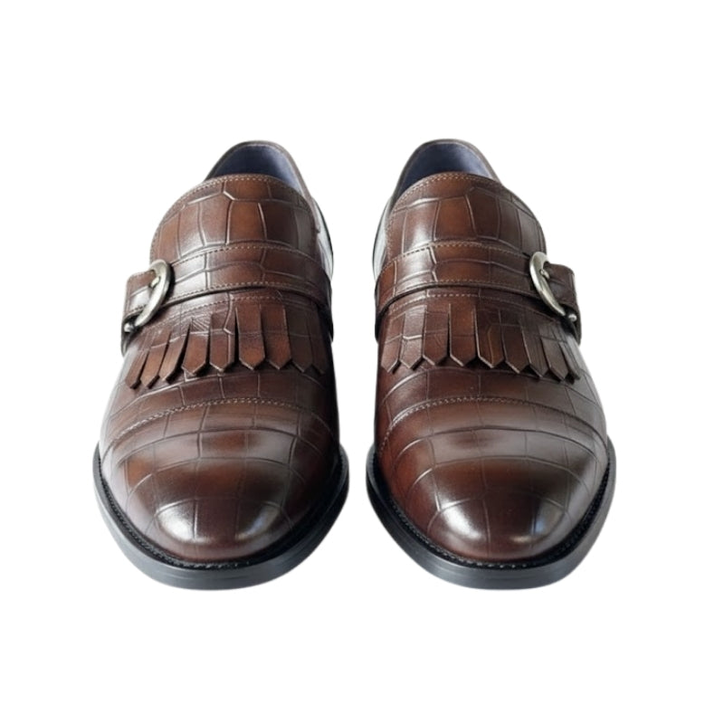 Croc Embossed Fringe Monk Strap Shoes