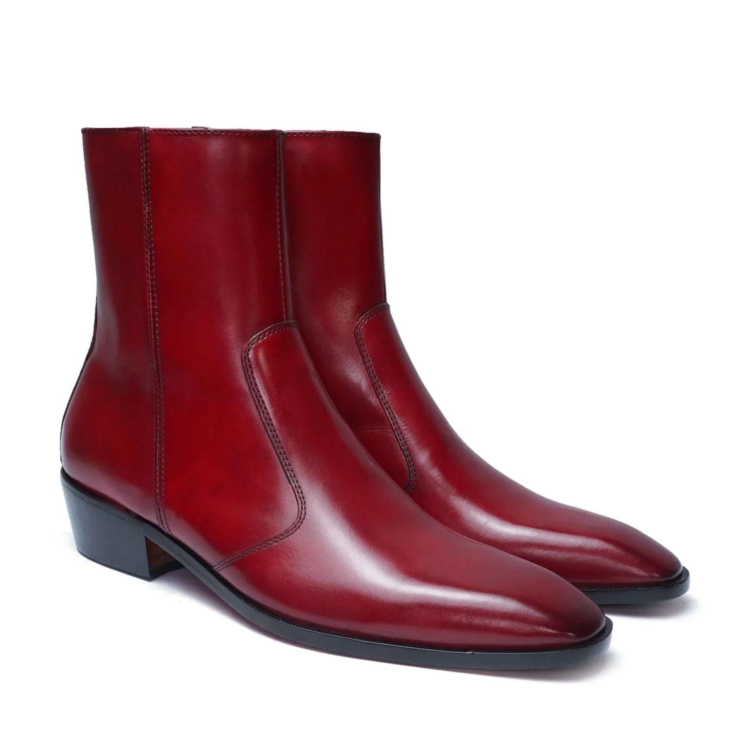 Cuban Chelsea Boots in Wine Genuine Leather with Zip Closure
