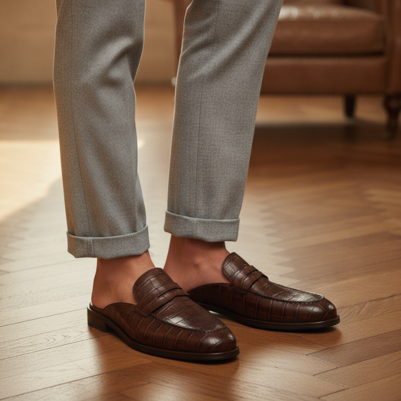 Elegant Crocodile Finish Signature Mule