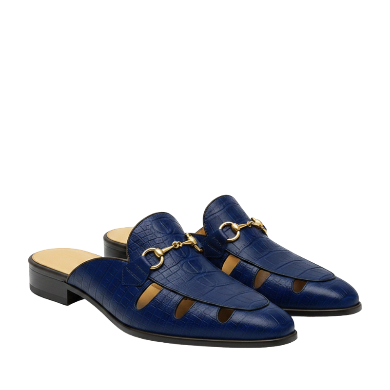 Embellished Textured Leather Mule Blue