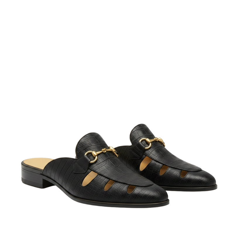 Embellished Textured Leather Mule Black