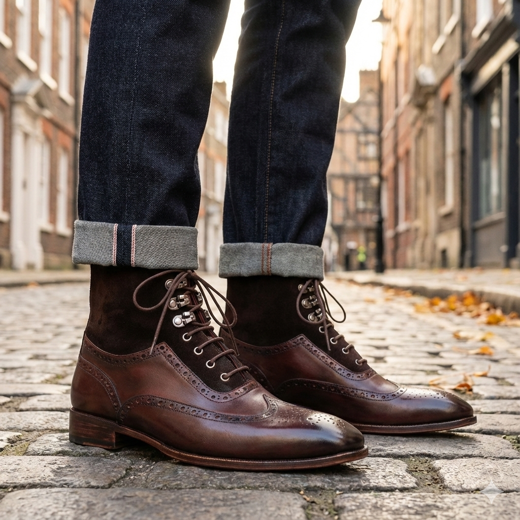 Men Suede Leather High Wingtip Ankle Boot