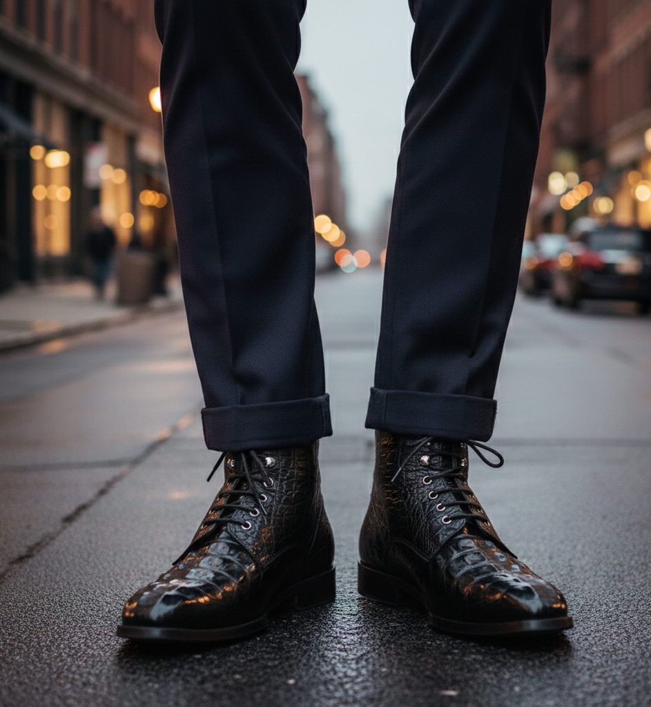Men Croco Embossed Leather Lace-Up Ankle Boots