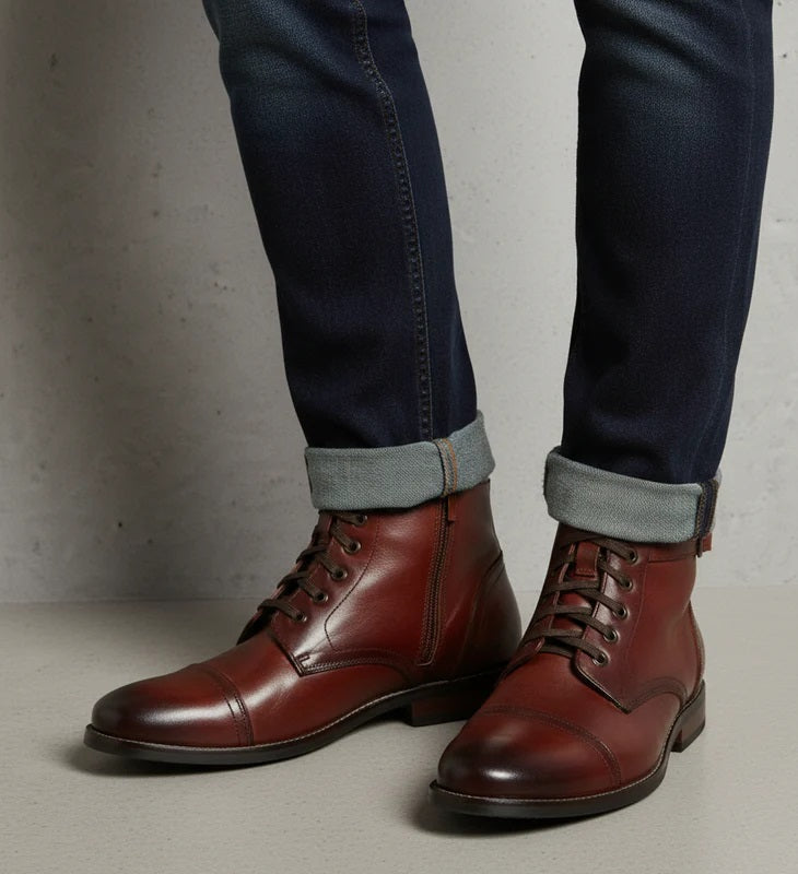 Men Solid High Buckle Leather Ankle Brown Boot