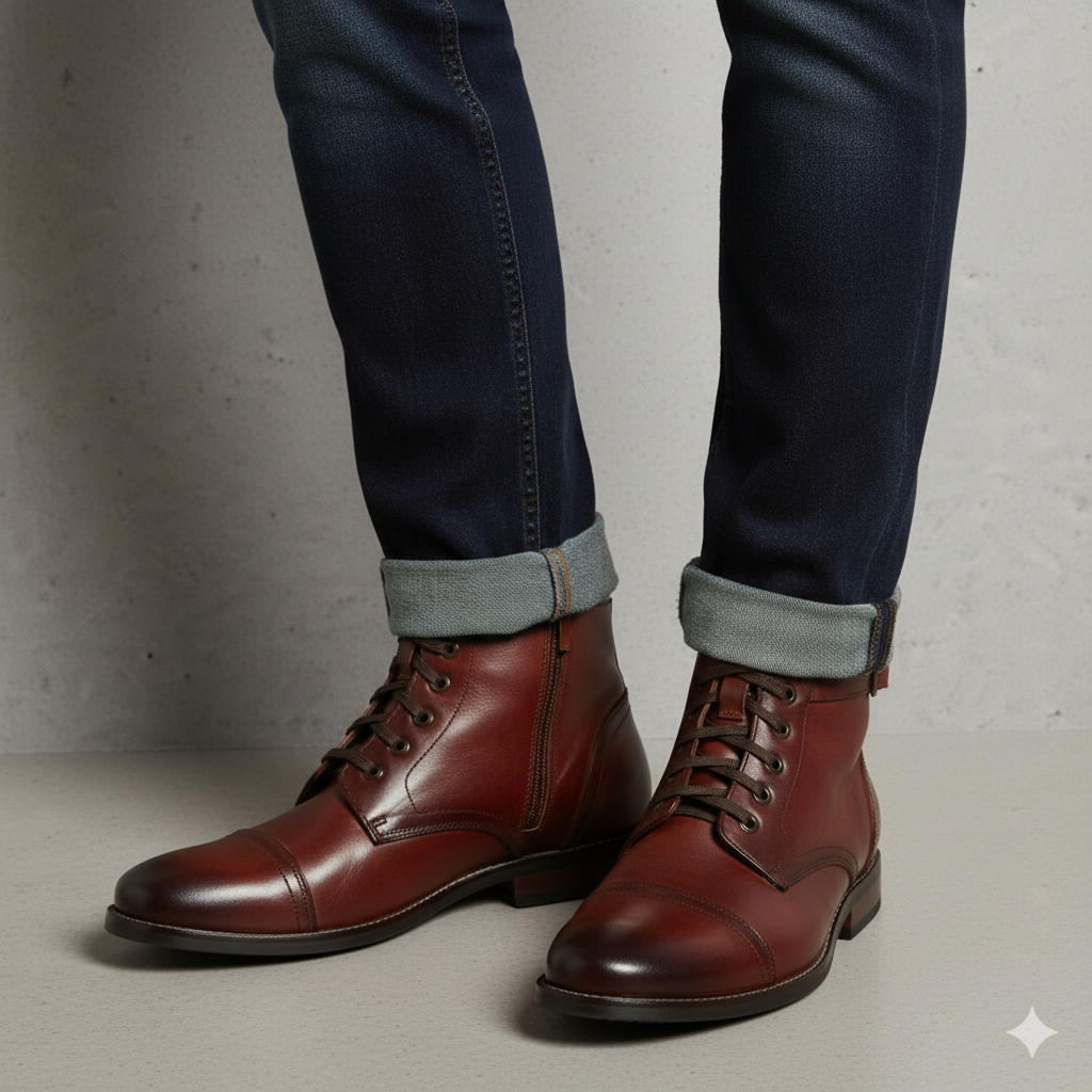Men Solid High Buckle Leather Ankle Burgundy Boot