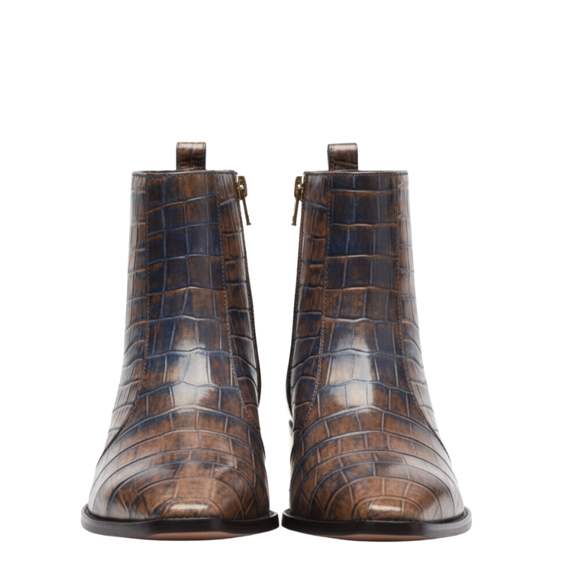 Dual Tone Croc Embossed Ankle Boots with Gold Heel Accent
