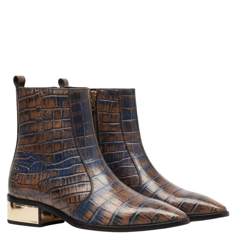 Dual-Tone Croc Embossed Ankle Boots with Gold Heel Accent