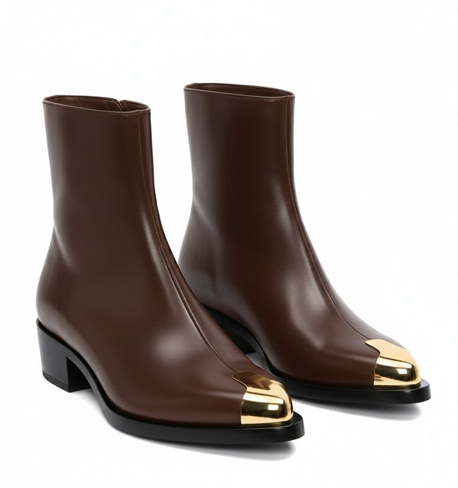 Punk Leather Boots Golden Toe Black
