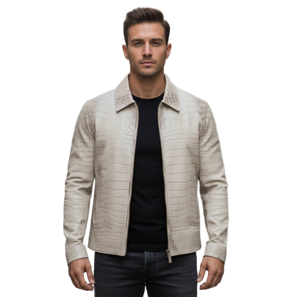 Men s Croc Embossed Luxury Leather Zip Jacket