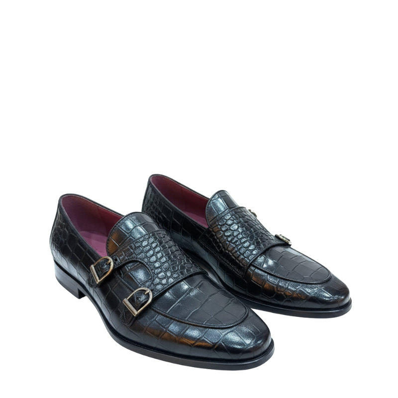 Obsidian Croco Double Monk Strap Shoes