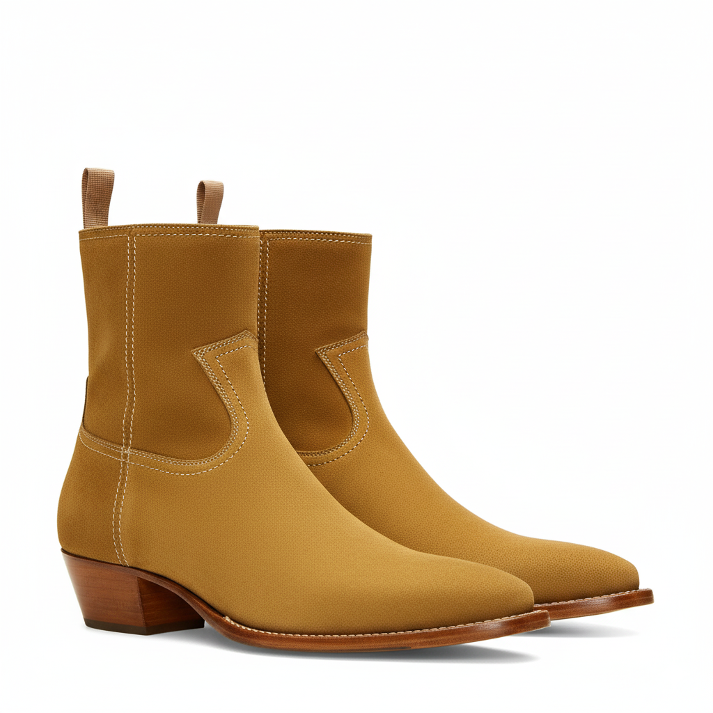 Side Zip Western Boot Camel Suede Leather