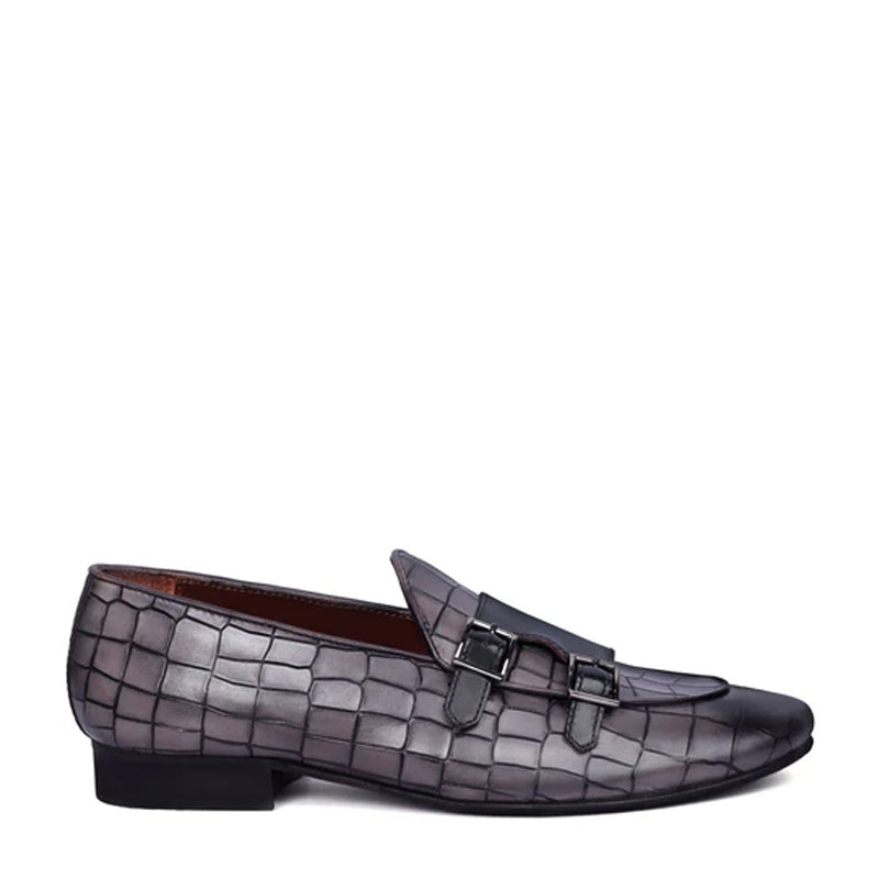 Deep Cut Croco Double Monk Black Shoe For Men
