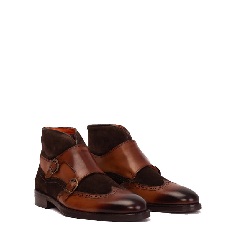 Blue Suede Leather Double Strap Monk Brogue Men Boot