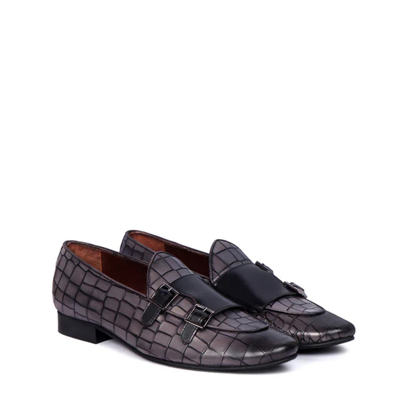 Deep Cut Croco Double Monk Black Shoe For Men