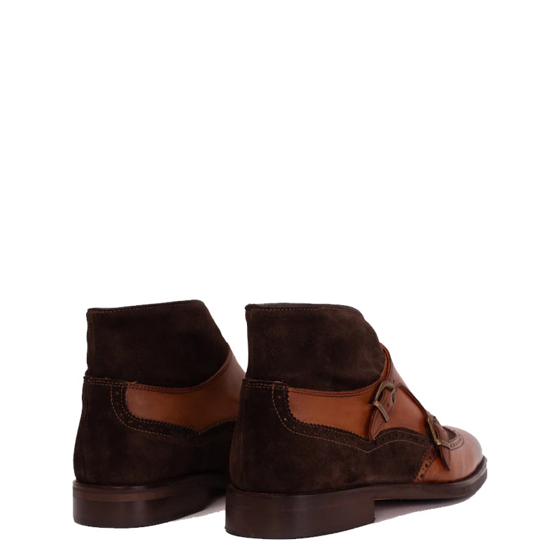 Dark Brown Suede Leather Double Strap Monk Brogue Men Boot