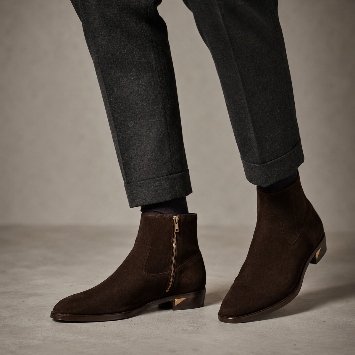 Italian Craft Side Zipper Suede Leather Stacked Heel Boot