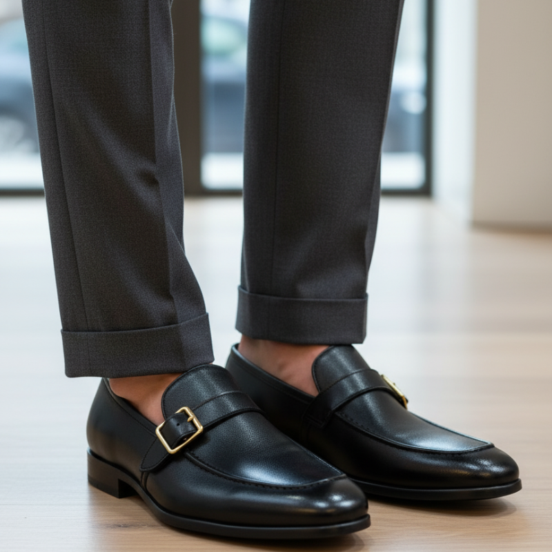 Italian Luxury Buckle Strap Leather Loafers
