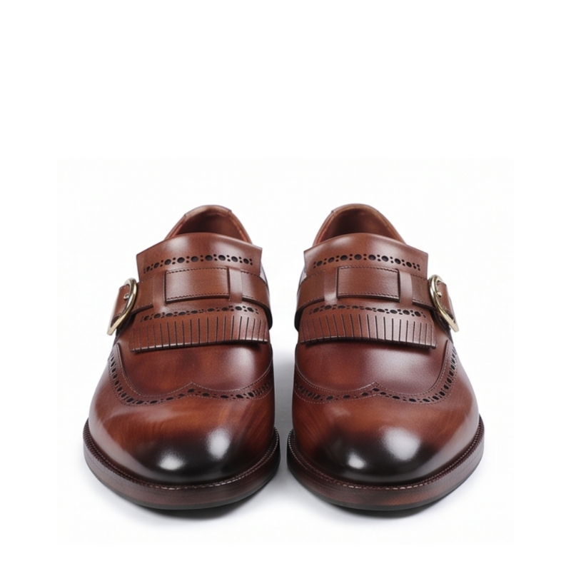 Luxury Polished Wingtip Brogue Monk Strap