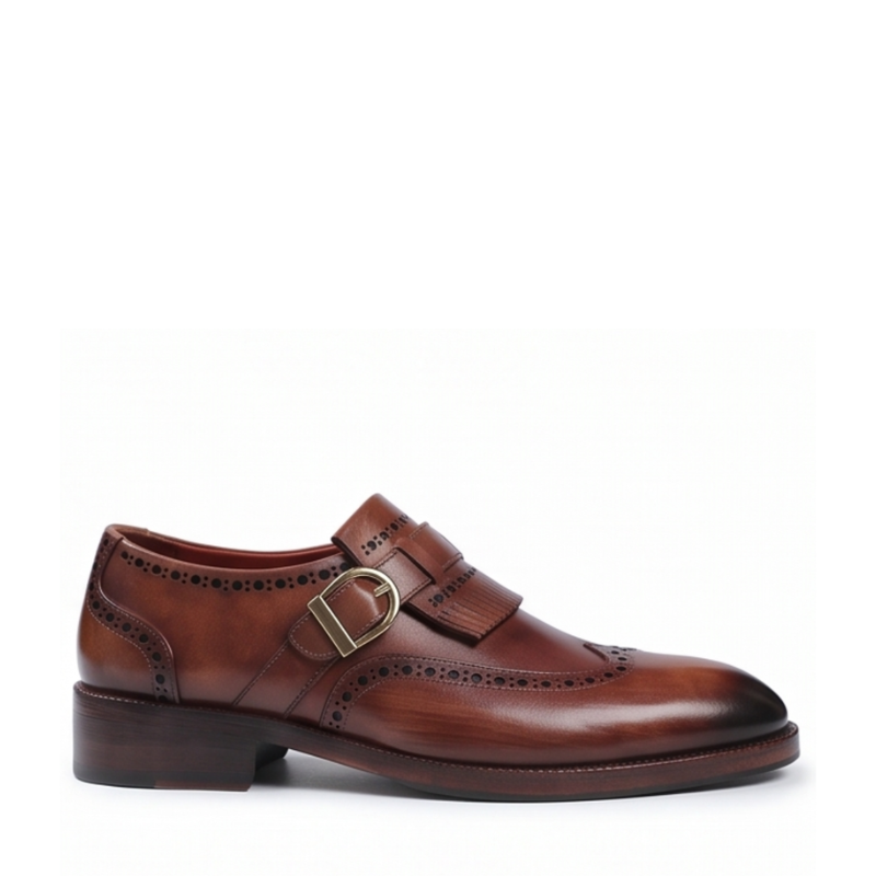 Luxury Polished Wingtip Brogue Monk Strap