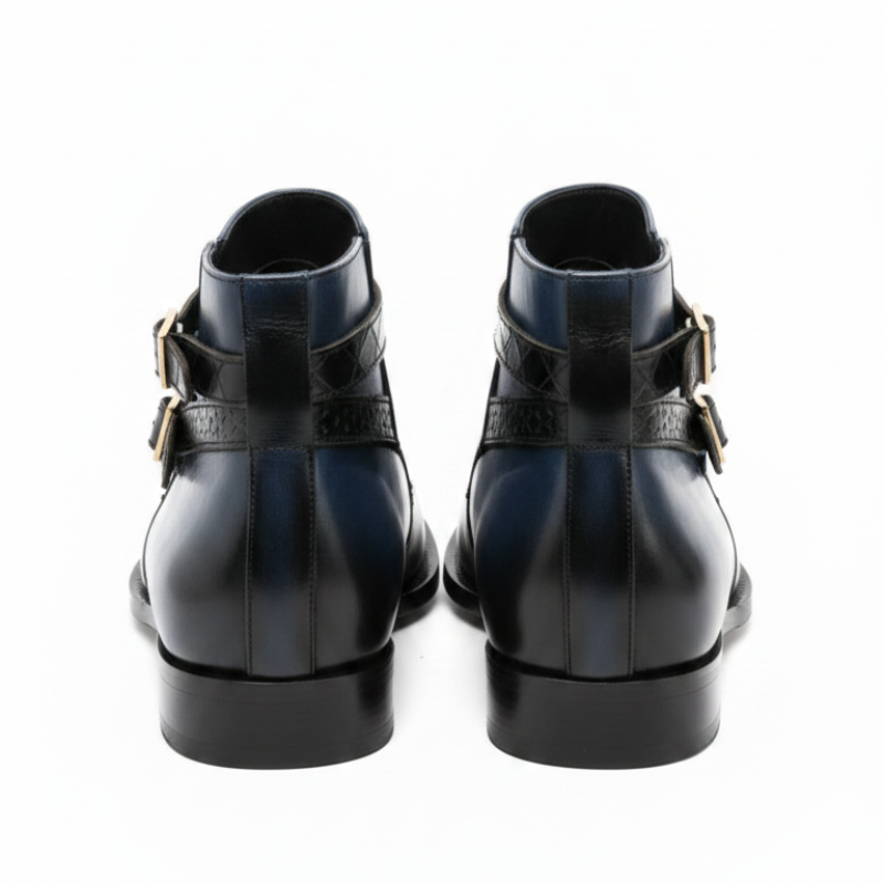 Polished Gradient Leather Ankle Boots With Gold Buckle Straps