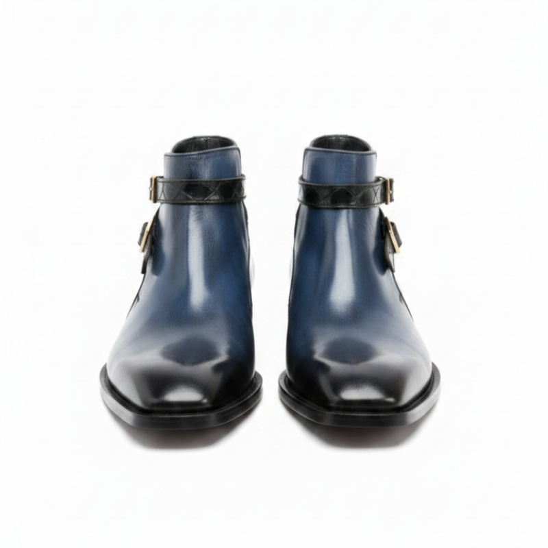 Polished Gradient Leather Ankle Boots With Gold Buckle Straps