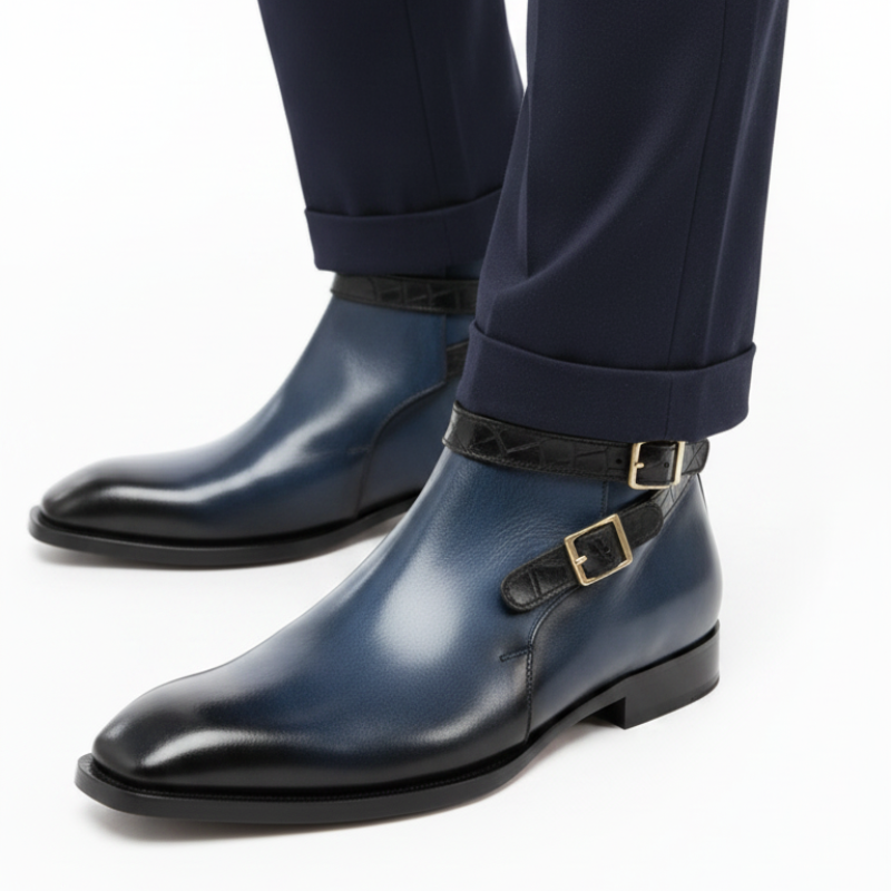 Polished Gradient Leather Ankle Boots With Gold Buckle Straps