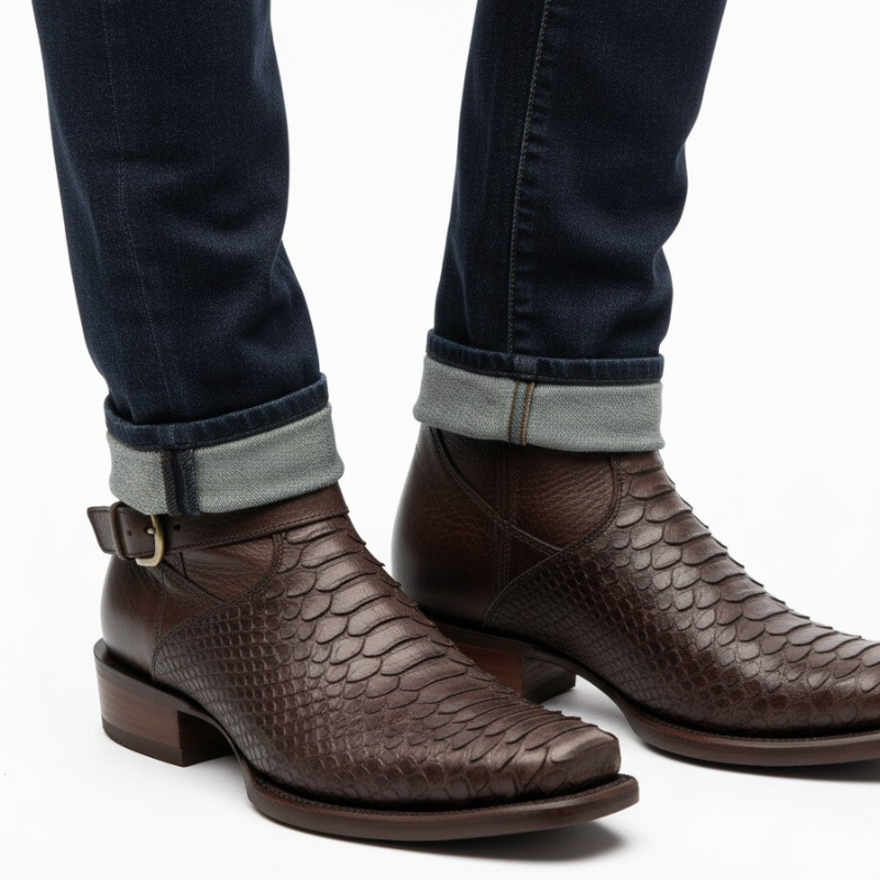 Python Pattern Buckle Strap Cowboy Boots