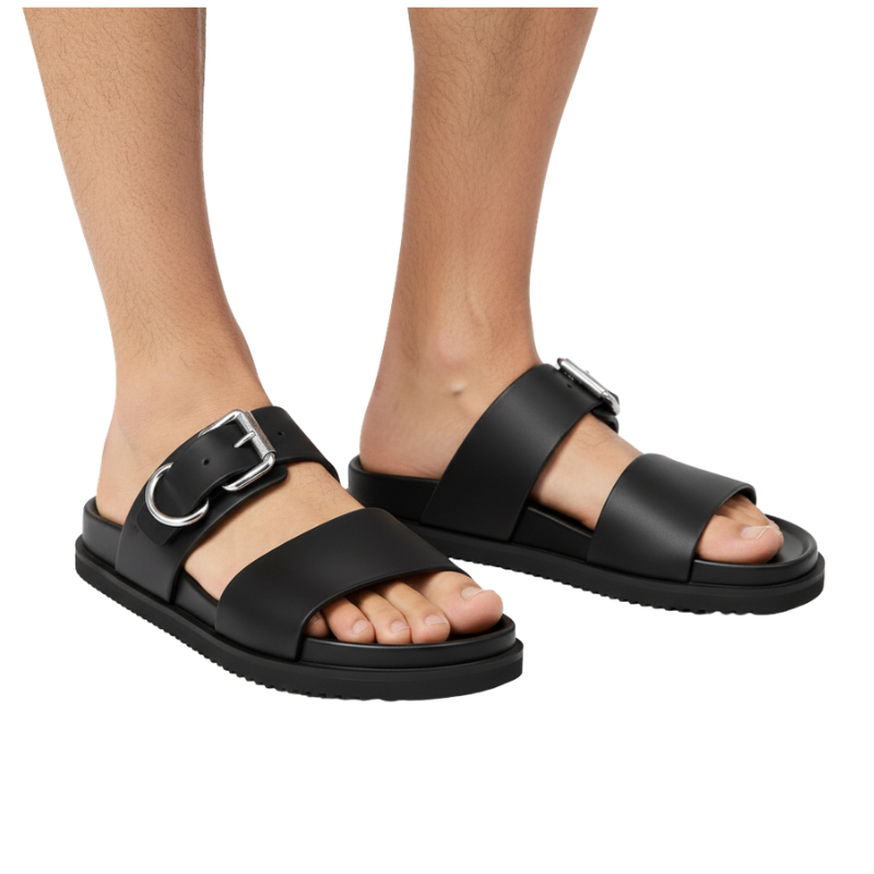 Metallic Accent Buckle Strap Sandal With Bold Straps